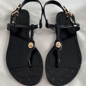 Coach Black Patent T-Strap Sandals with Gold Hardware